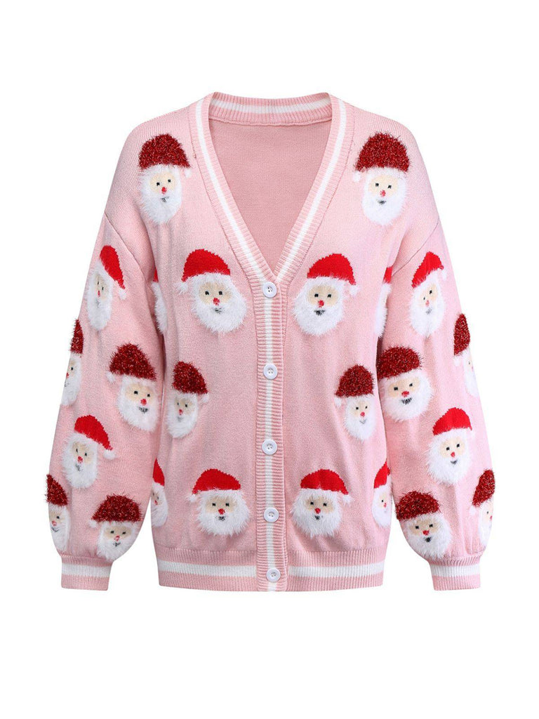Cardigan jacquard con Babbo Natale rosa anni '40