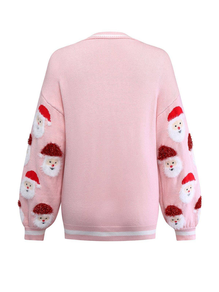 Cardigan jacquard con Babbo Natale rosa anni '40