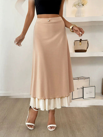 Gonna a trapezio a doppio strato con perle cachi anni '40