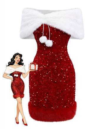 [Prevendita] 2PCS Abito in pelliccia con paillettes e velluto e scialle rosso anni '70