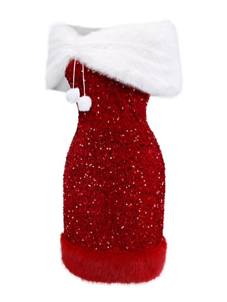 [Prevendita] 2PCS Abito in pelliccia con paillettes e velluto e scialle rosso anni '70