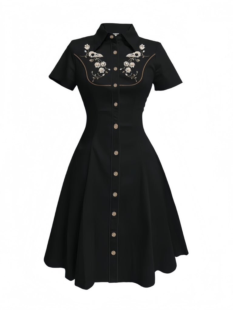 Abito in cotone con ricami floreali nero anni '50
