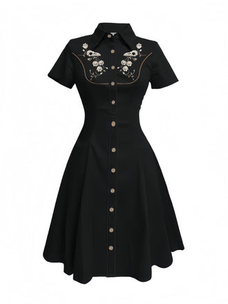 Abito in cotone con ricami floreali nero anni '50