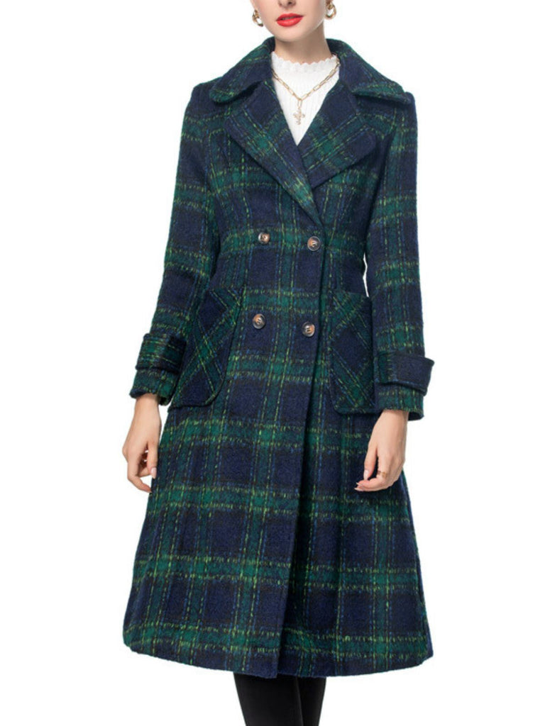 Cappotto lungo a quadri con colletto a dente verde anni '40