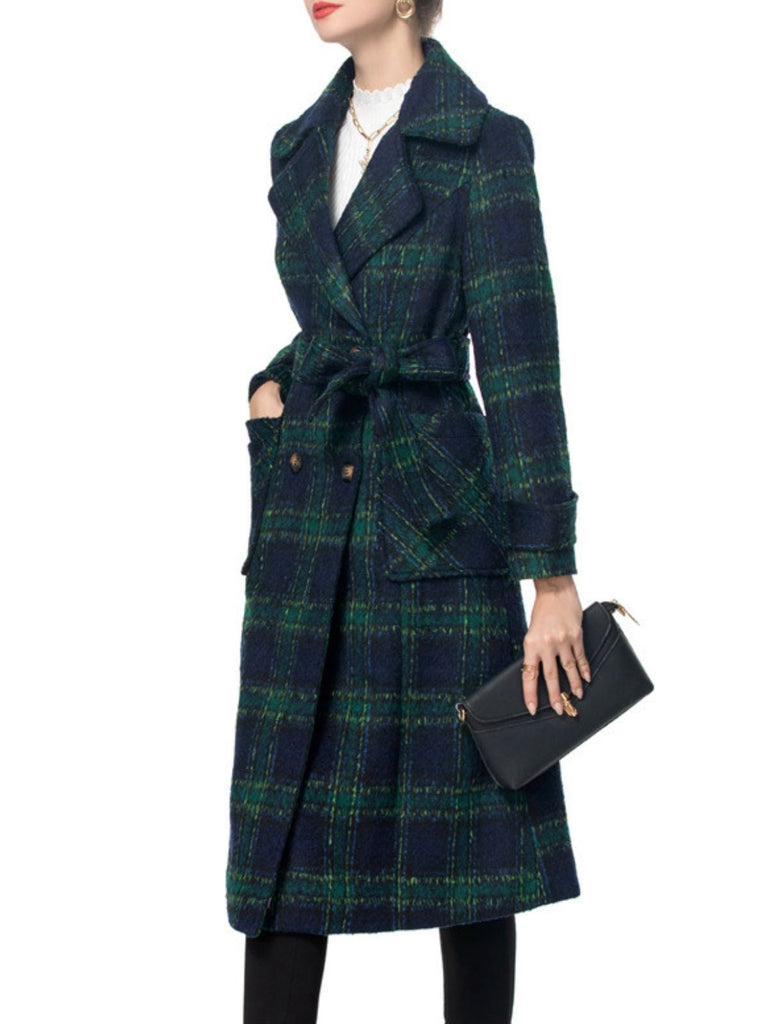 Cappotto lungo a quadri con colletto a dente verde anni '40