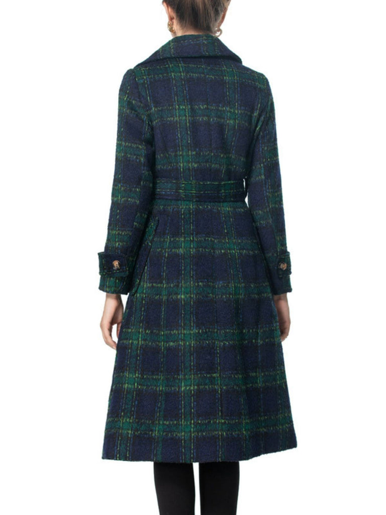 Cappotto lungo a quadri con colletto a dente verde anni '40