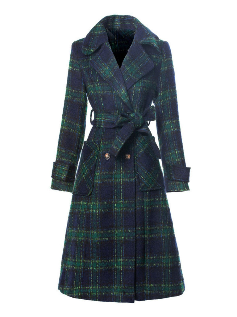 Cappotto lungo a quadri con colletto a dente verde anni '40