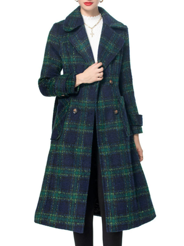 Cappotto lungo a quadri con colletto a dente verde anni '40