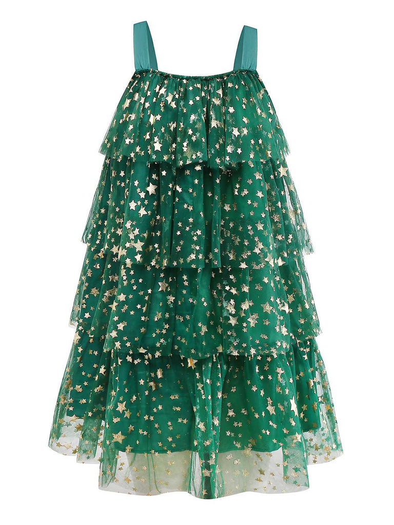 Abito a forma di albero di Natale in rete con pompon verde anni '60