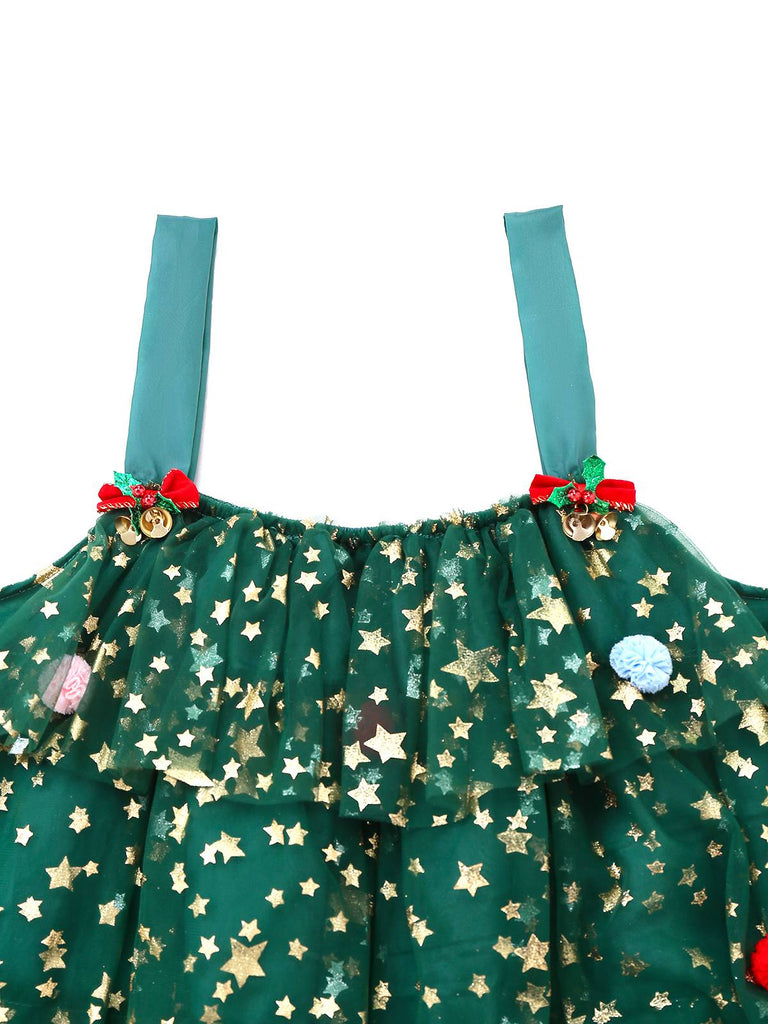 Abito a forma di albero di Natale in rete con pompon verde anni '60