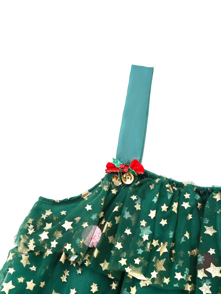 Abito a forma di albero di Natale in rete con pompon verde anni '60
