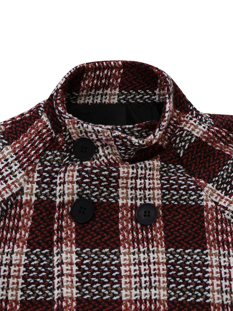 Cappotto in tweed a quadri con collo alto rosso anni '50