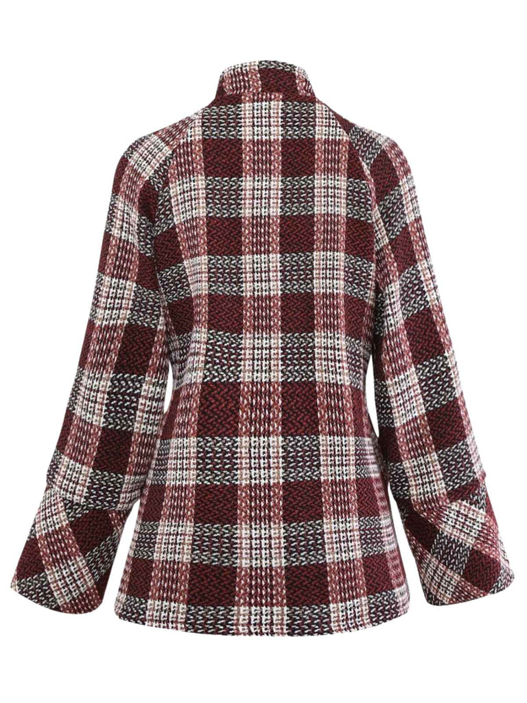 Cappotto in tweed a quadri con collo alto rosso anni '50