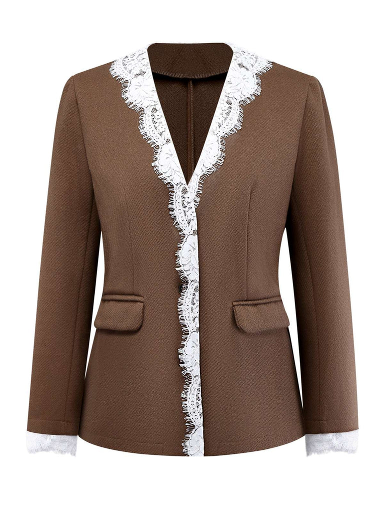 Giacca in pizzo patchwork a maniche lunghe marrone anni '50