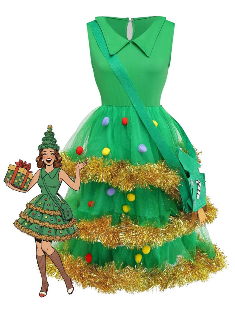 Completo abito a balze con albero di Natale verde anni '50