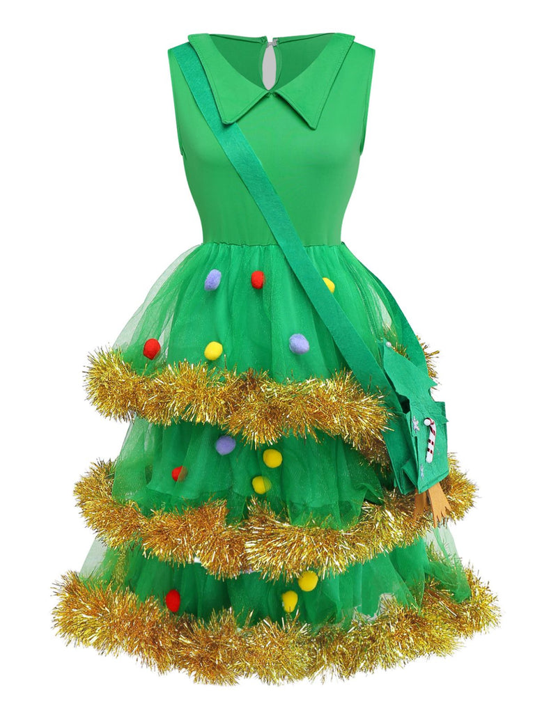Completo abito a balze con albero di Natale verde anni '50