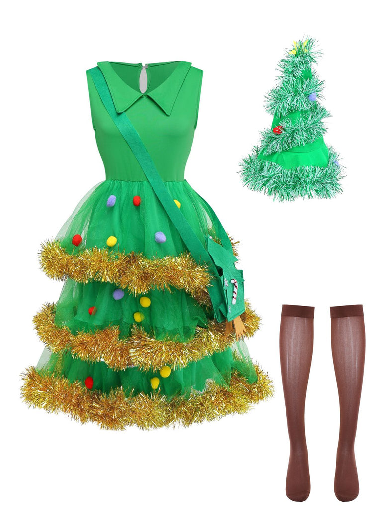 Completo abito a balze con albero di Natale verde anni '50