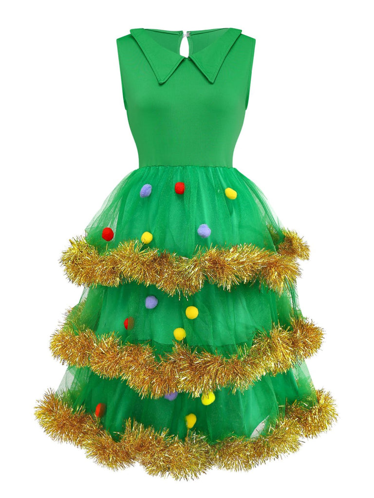 Completo abito a balze con albero di Natale verde anni '50