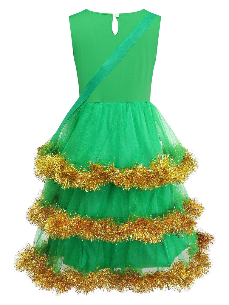 Completo abito a balze con albero di Natale verde anni '50