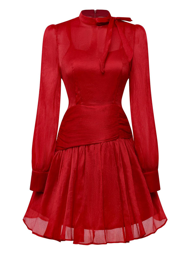 Abito con collo annodato e volant rosso anni '60
