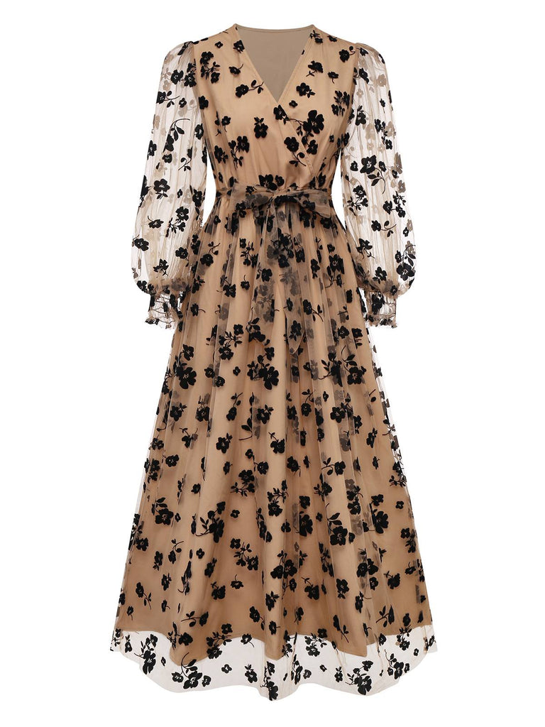 Abito floreale con scollo a V in rete floccata beige anni '30