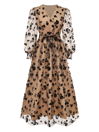 Abito floreale con scollo a V in rete floccata beige anni '30