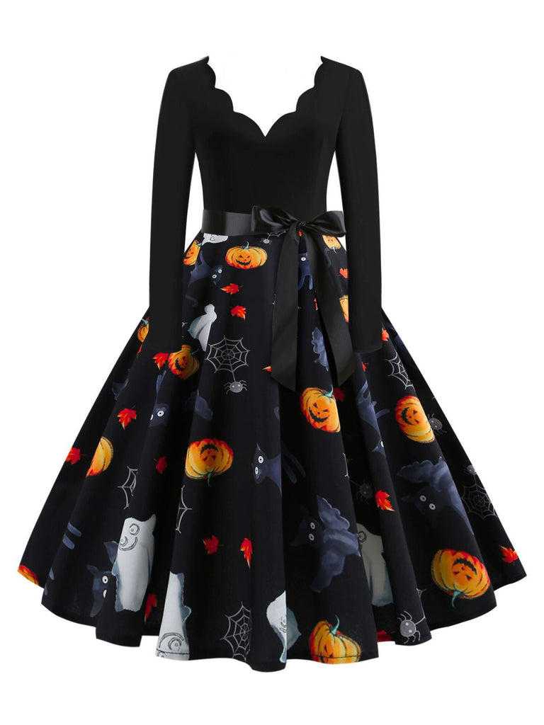 Abito ragnatela e zucca con scollo a petalo Halloween anni '50
