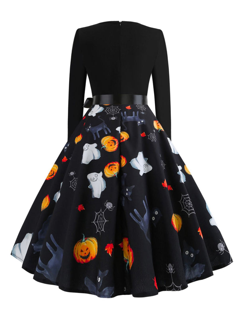 Abito ragnatela e zucca con scollo a petalo Halloween anni '50