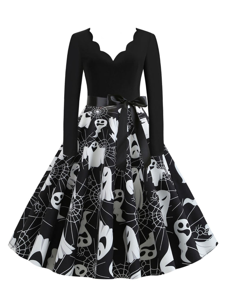 Abito ragnatela e zucca con scollo a petalo Halloween anni '50