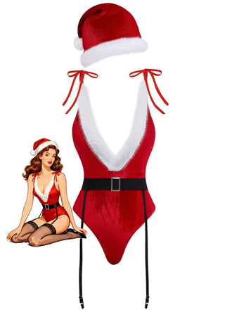 Body natalizio in peluche con scollo a V profondo e cappello anni '70
