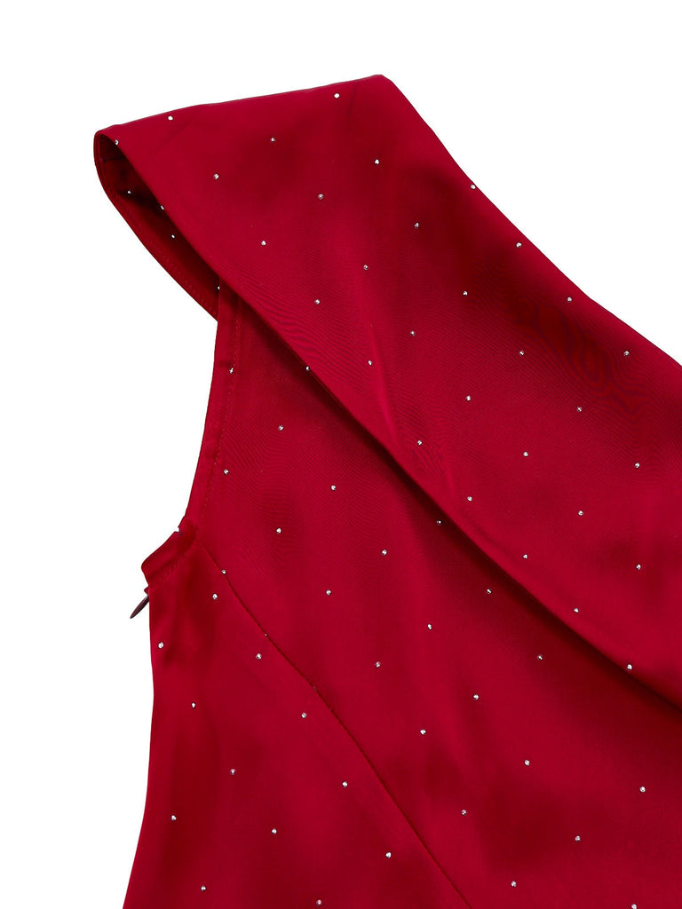 [Prevendita] Abito in raso con strass e spalle scoperte bordeaux anni '60