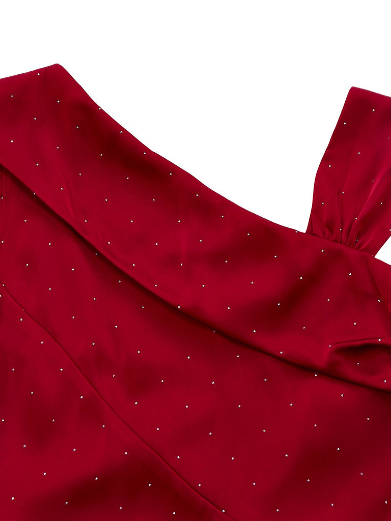 [Prevendita] Abito in raso con strass e spalle scoperte bordeaux anni '60