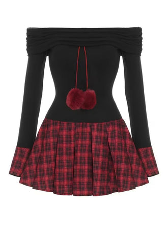 Abito plissettato a quadri con spalle scoperte nero anni '60