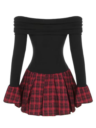 Abito plissettato a quadri con spalle scoperte nero anni '60