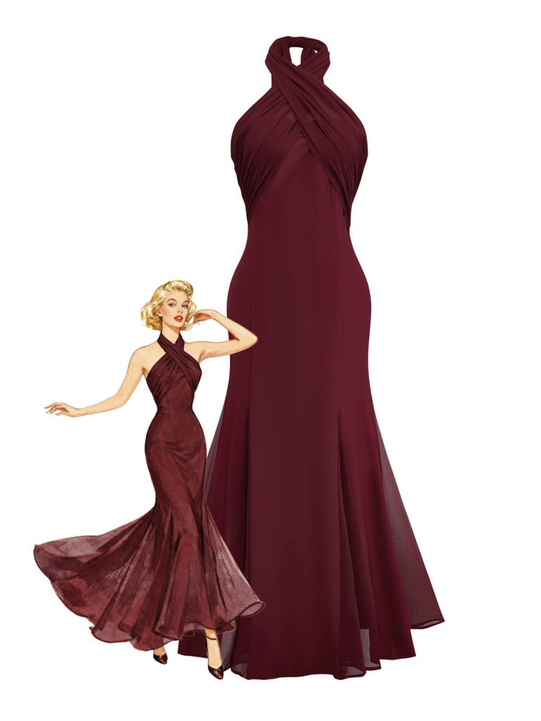 Abito convertibile senza spalline incrociato in chiffon tinta unita anni '30