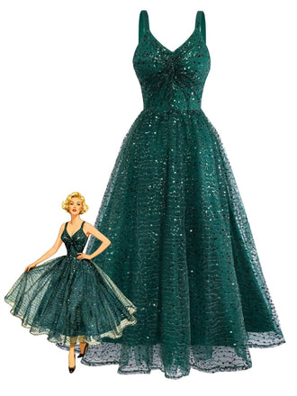Abito verde in rete di paillettes intrecciate anni '30