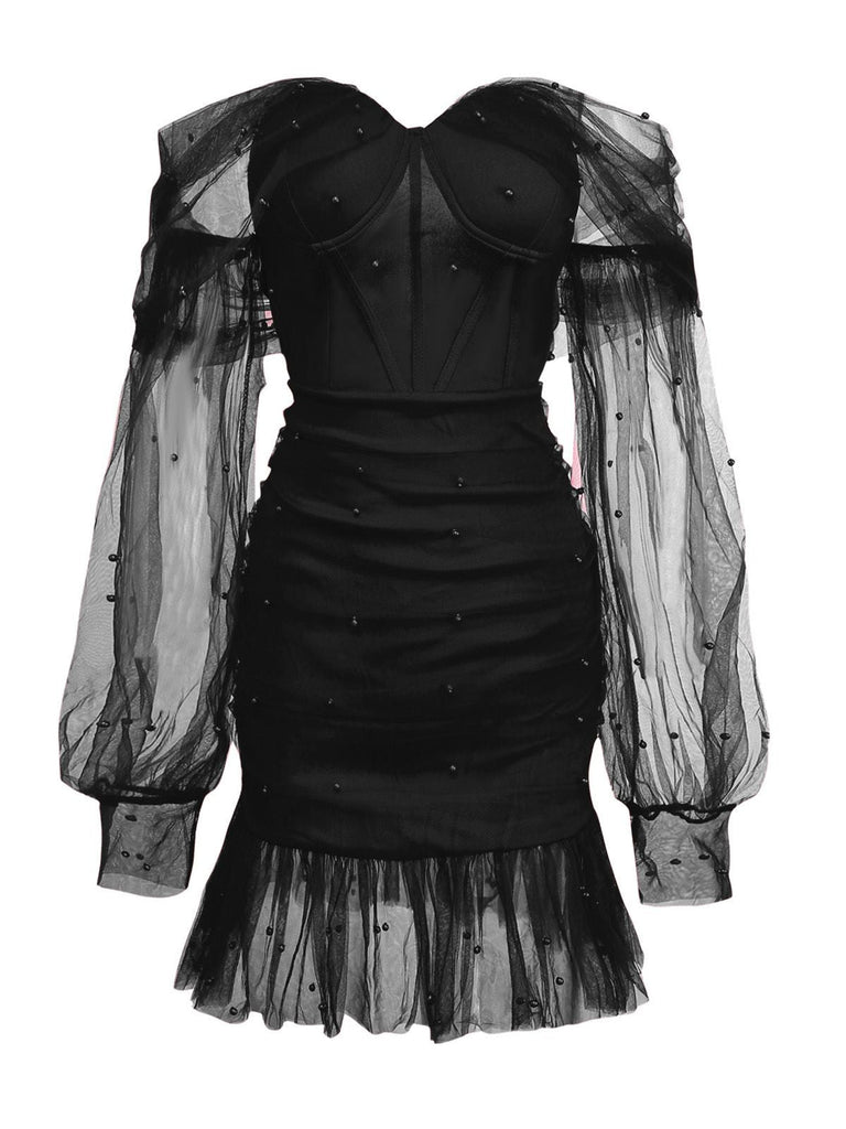 Abito in rete e spalle scoperte con scollo a cuore e perline anni '60