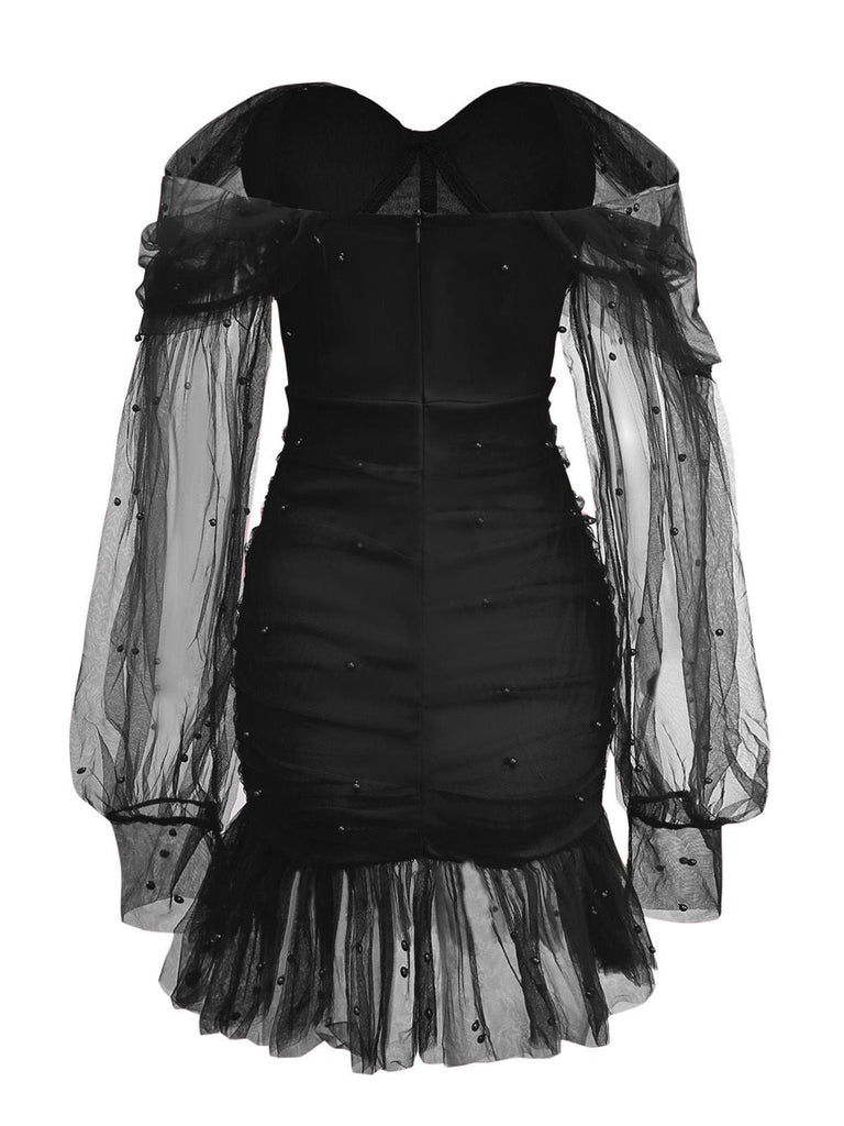 Abito in rete e spalle scoperte con scollo a cuore e perline anni '60