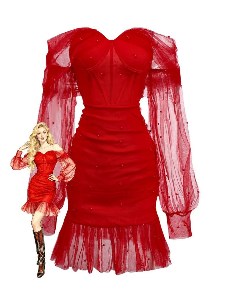 Abito in rete e spalle scoperte con scollo a cuore e perline anni '60