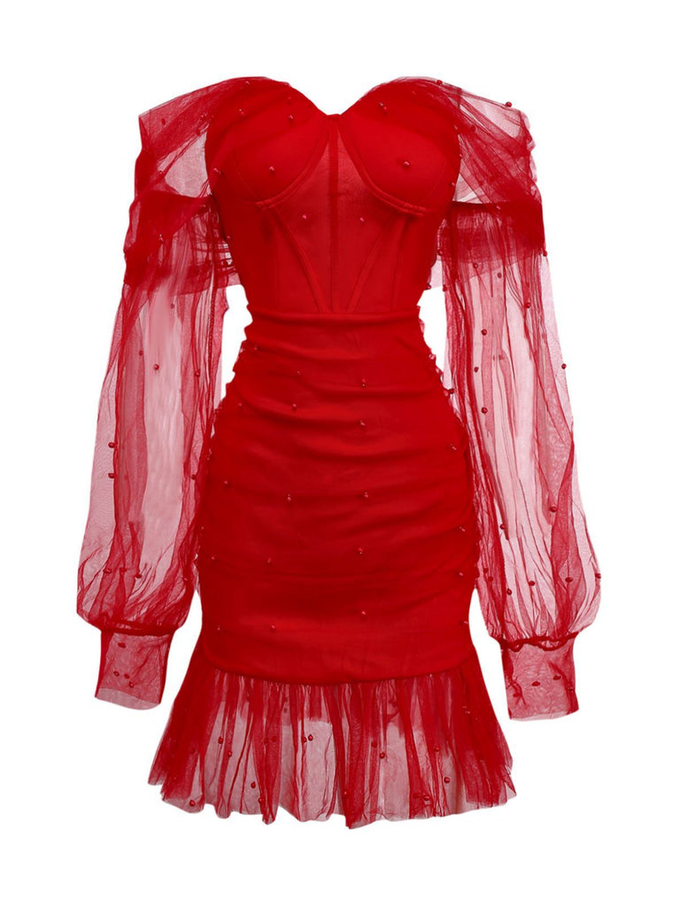 Abito in rete e spalle scoperte con scollo a cuore e perline anni '60