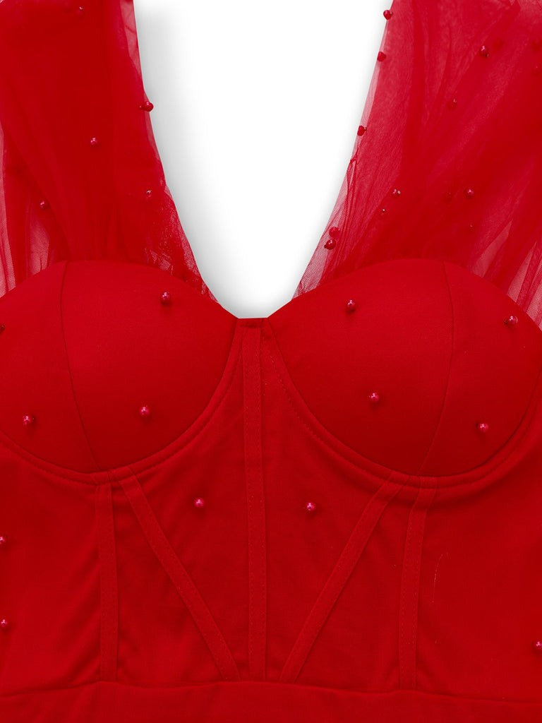 Abito in rete e spalle scoperte con scollo a cuore e perline anni '60