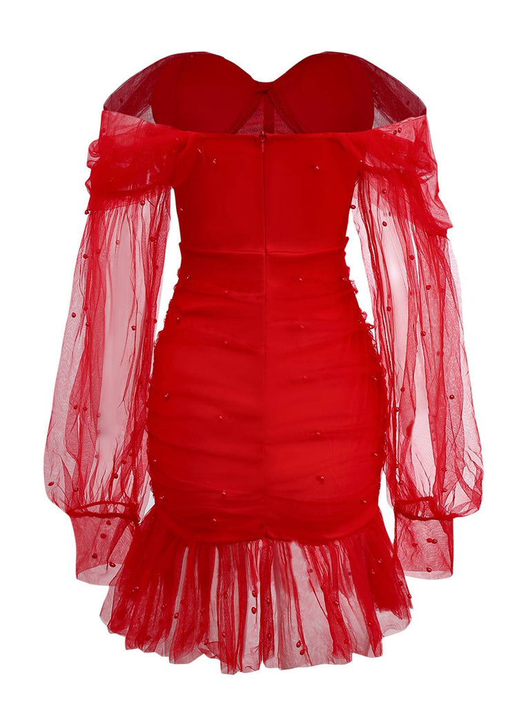 Abito in rete e spalle scoperte con scollo a cuore e perline anni '60