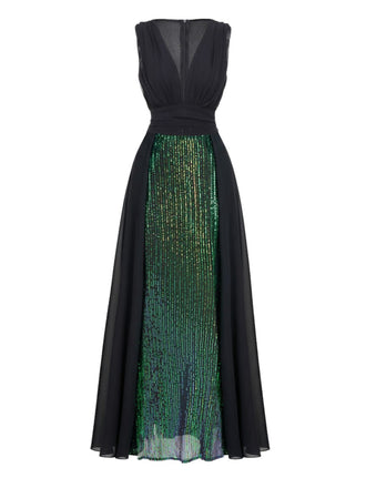 Abito paillettes con senza maniche in tulle con scollo a V verde anni '30