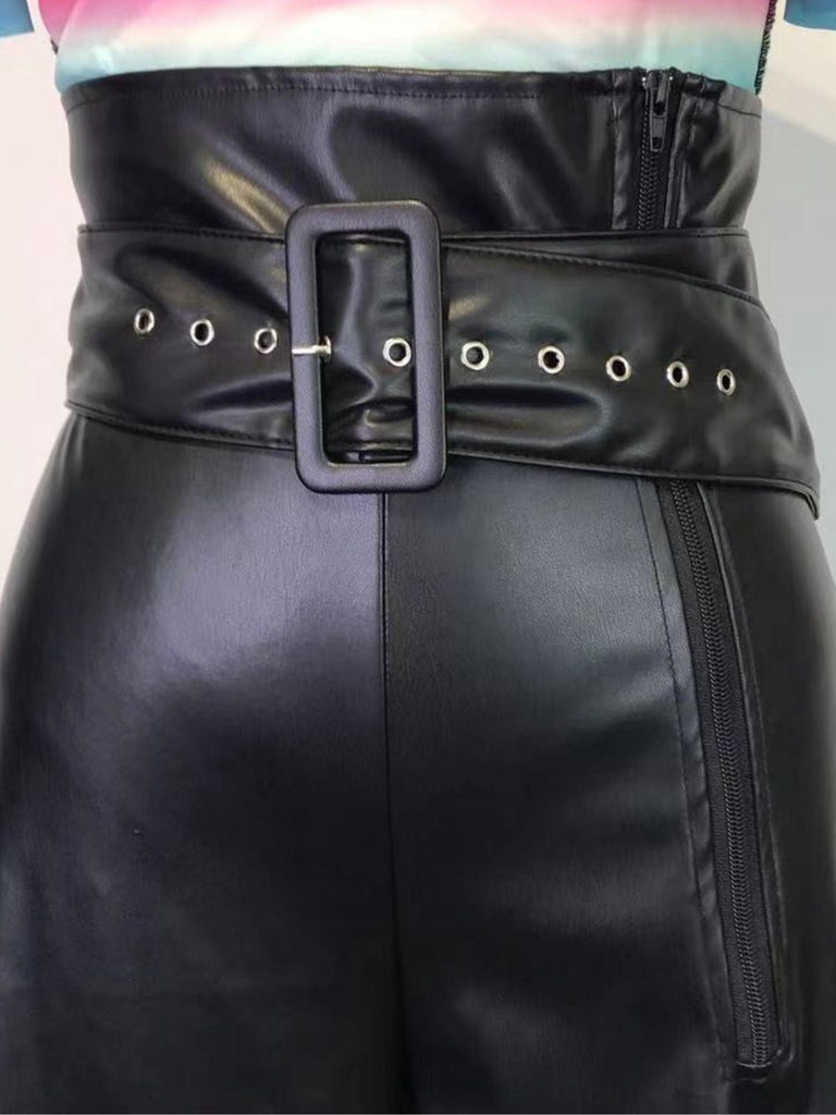 Pantaloni a gamba larga in pelle PU con cintura anni '80