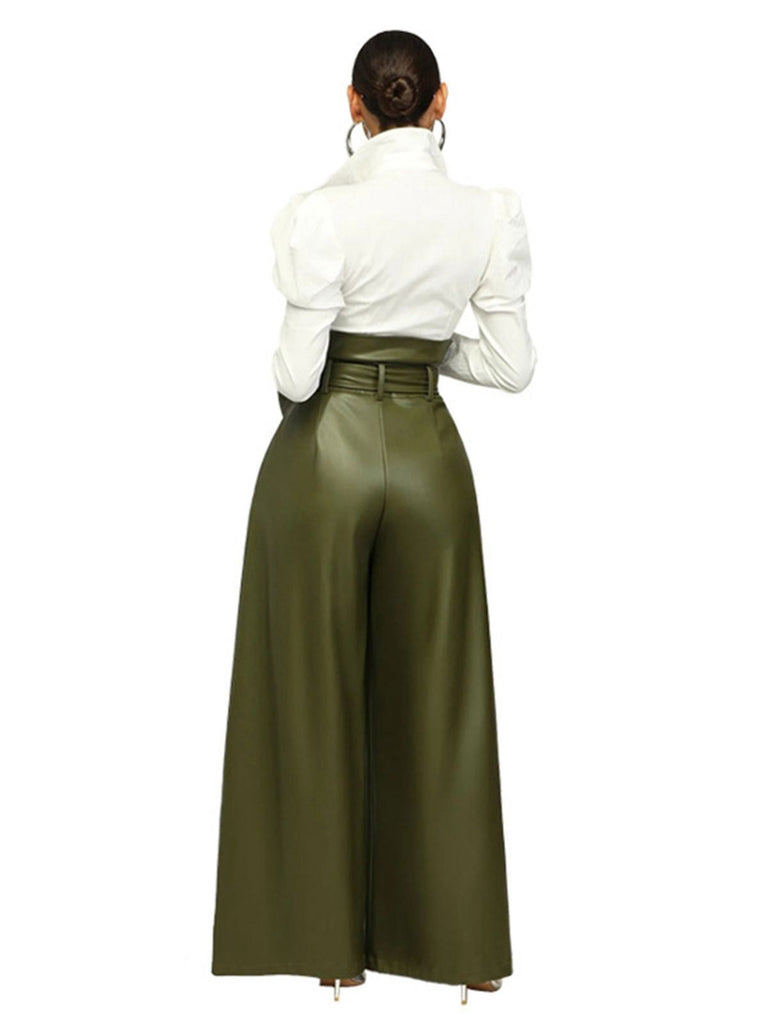 Pantaloni a gamba larga in pelle PU con cintura anni '80