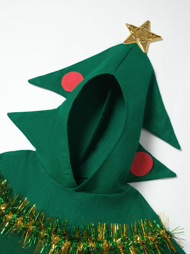Mantello con cappuccio in 3D con albero di Natale verde anni '50