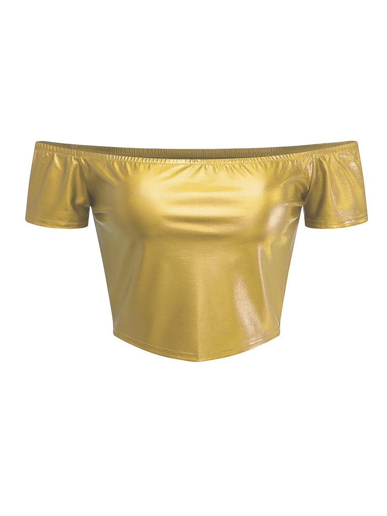 2PCS Top disco metallizzato con spalle scoperte e gonna anni '70