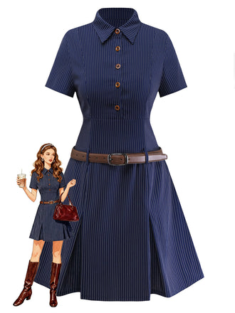 [Prevendita] Abito a righe gessate con colletto a camicia blu anni '70