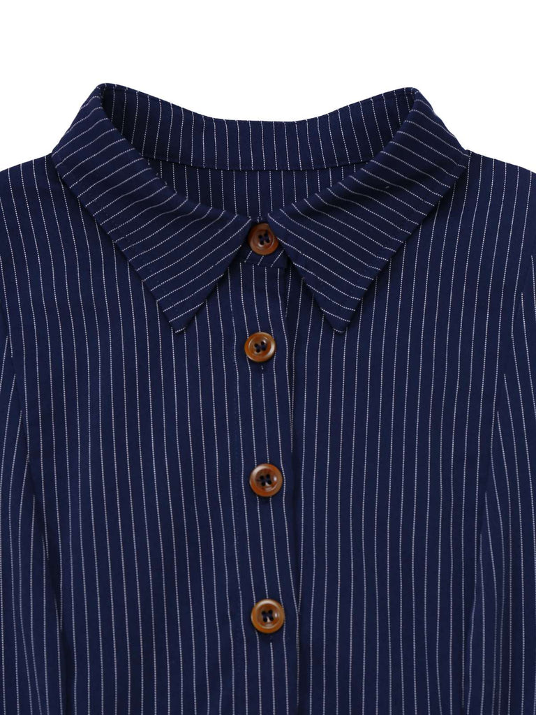 [Prevendita] Abito a righe gessate con colletto a camicia blu anni '70