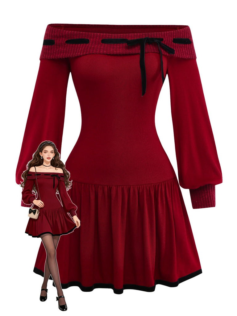 [Prevendita] Abito in maglia con fiocco spalle scoperte rosso anni '60